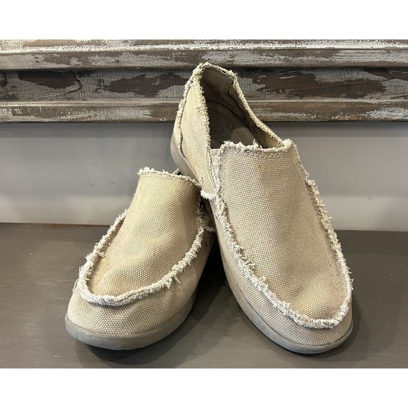 Crocs Shoes Mens Sz 8 Santa Cruz Slip On Loafers Tan Canvas Casual Flats Low Top - Picture 1 of 8